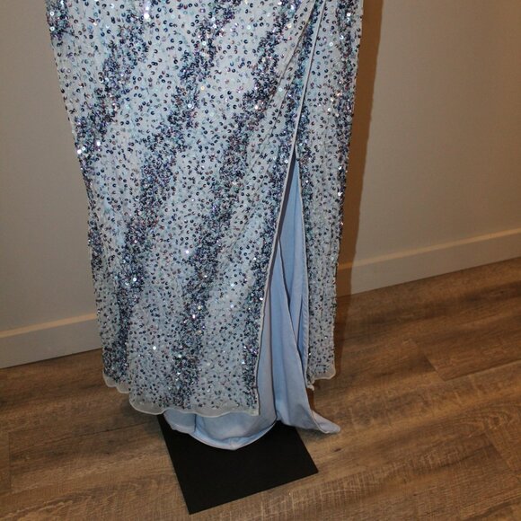 NWT Mac Duggal Sequin Beaded Embellished Blue Dress Slit Cap Sleeve Mesh 18 5619 - Picture 6 of 8